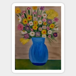 A still life painting of mixed flowers in a blue vase Sticker